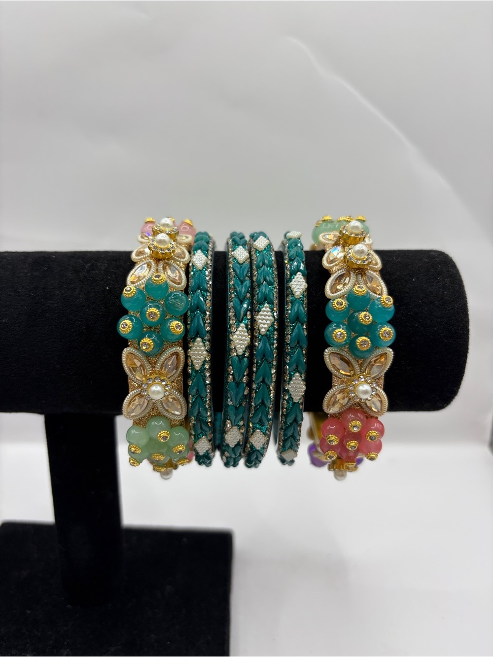Handcrafted Multicolor Enamel Floral & Teal Bangle Set